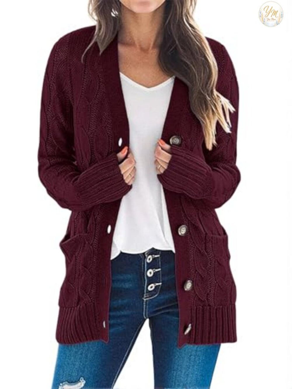 Cable Knit Button Down Cardigan Sweater Long Sleeve V-Neck Pockets